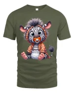 Cute Baby Zebra Cartoon Graphic T Shirt - military green t-shirt on white background