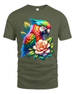 Rainbow Parrot Floral Graphic T Shirt - military green t-shirt on white background