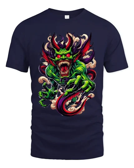Fierce Green Demon Dragon Fantasy Graphic T Shirt - navy t-shirt on white background