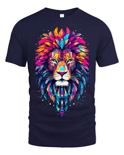 Colorful Tribal Lion Head Artistic Graphic T Shirt - navy t-shirt on white background