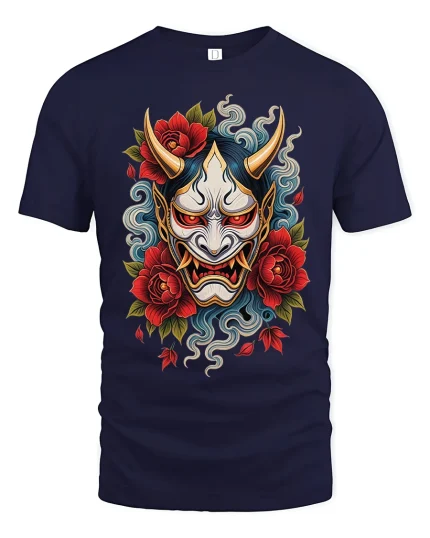 Japanese Oni Mask With Red Roses Graphic T Shirt - navy t-shirt on white background
