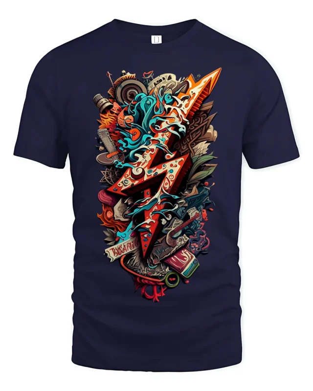 Abstract Electric Guitar Rock Collage Graphic T Shirt - navy t-shirt on white background