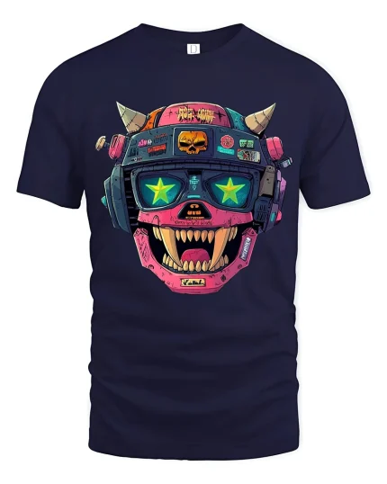 Cyberpunk Robot Skull Helmet Graphic T Shirt - navy t-shirt on white background