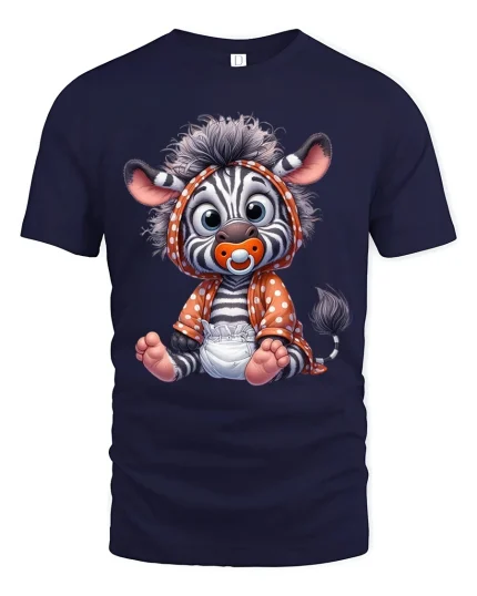Cute Baby Zebra Cartoon Graphic T Shirt - navy t-shirt on white background