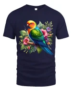 Colorful Parrot Floral Art Graphic T Shirt - navy t-shirt on white background