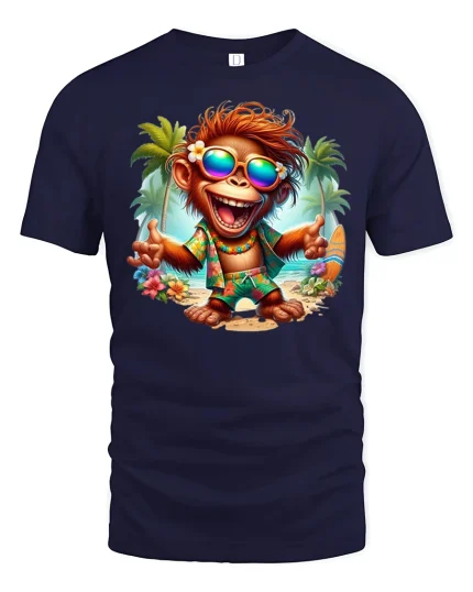 Funny Summer Monkey Beach Graphic T Shirt - navy t-shirt on white background