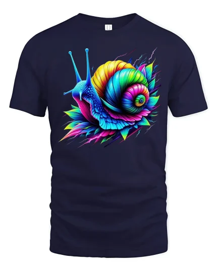 Colorful Neon Snail Art Graphic T Shirt - navy t-shirt on white background