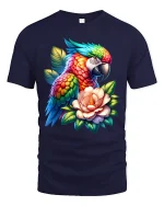 Rainbow Parrot Floral Graphic T Shirt - navy t-shirt on white background