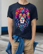 Colorful Tribal Lion Head Artistic Graphic T Shirt - model wearing navy tee with hands in pockets