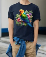 Colorful Parrot Floral Art Graphic T Shirt - model wearing navy tee with hands in pockets
