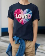 Colorful Loved Heart Graphic T Shirt - model wearing navy tee with hands in pockets