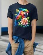 Rainbow Parrot Floral Graphic T Shirt - model wearing navy tee with hands in pockets