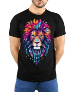Colorful Tribal Lion Head Artistic Graphic T Shirt - model wearing black tee with hands behind back