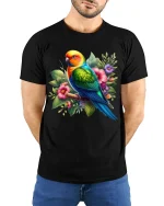 Colorful Parrot Floral Art Graphic T Shirt - model wearing black tee with hands behind back