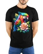 Rainbow Parrot Floral Graphic T Shirt - model wearing black tee with hands behind back
