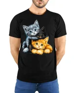 Adorable Three Kittens Cuddle Graphic T Shirt - model wearing black tee with hands behind back