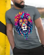 Colorful Tribal Lion Head Artistic Graphic T Shirt - model wearing grey tee, leaning on column