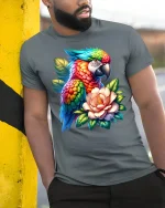 Rainbow Parrot Floral Graphic T Shirt - model wearing grey tee, leaning on column