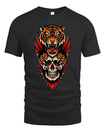 Savage Tiger Skull Graphic T Shirt Bold Streetwear - black t-shirt on white background