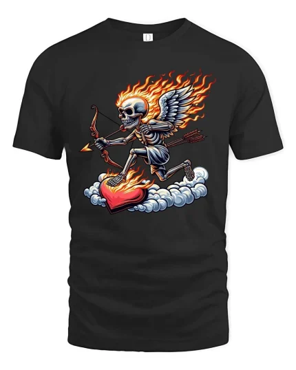Flaming Cupid Skeleton T Shirt Dark Valentine Graphic - black t-shirt on white background
