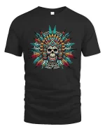 Feathered Skull Graphic Tee Boho Tribal Style - black t-shirt on white background