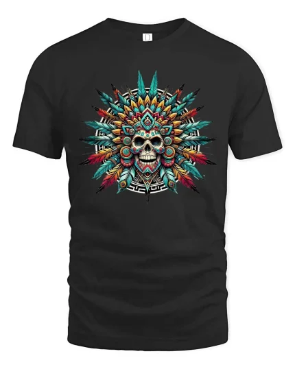 Feathered Skull Graphic Tee Boho Tribal Style - black t-shirt on white background