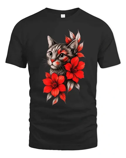 Cute Cat with Flowers T Shirt Artistic Pet Design - black t-shirt on white background