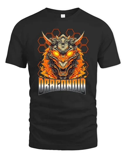 Dragonoid Cyber Dragon T Shirt Fiery Mecha Beast Art - black t-shirt on white background