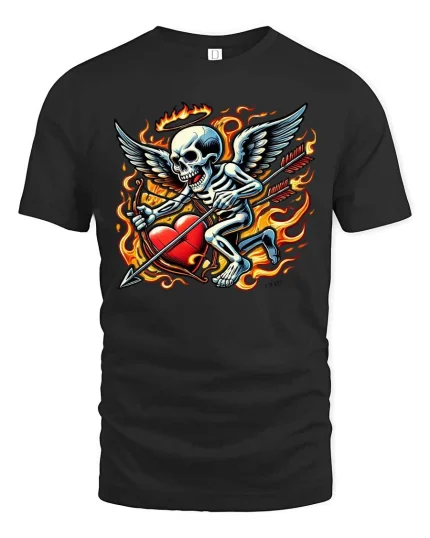 Flaming Cupid Skull T Shirt Dark Valentine Art - black t-shirt on white background