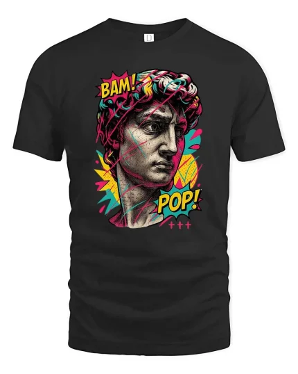 Pop Art David Statue T Shirt Bam Pop Graphic Style - black t-shirt on white background