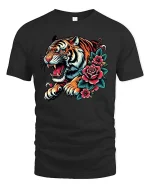 Tiger Bloom Art T Shirt Gothic Floral Power - black t-shirt on white background