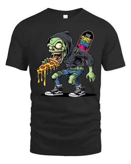 Skate Zombie Pizza T Shirt Funny Street Art Graphic - black t-shirt on white background