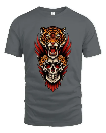 Savage Tiger Skull Graphic T Shirt Bold Streetwear - gray t-shirt on white background