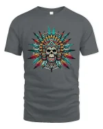 Feathered Skull Graphic Tee Boho Tribal Style - gray t-shirt on white background