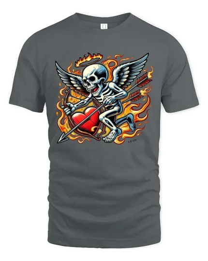 Flaming Cupid Skull T Shirt Dark Valentine Art - gray t-shirt on white background