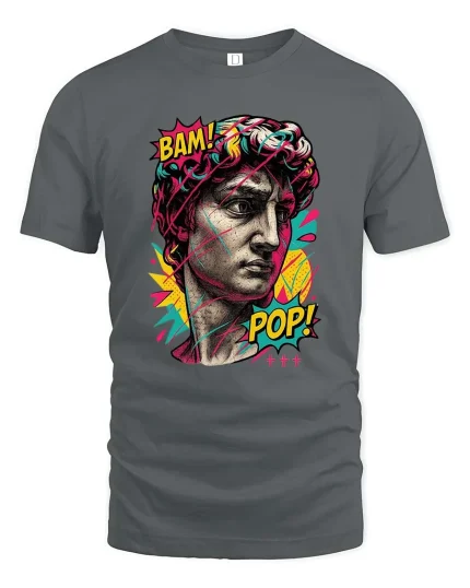 Pop Art David Statue T Shirt Bam Pop Graphic Style - gray t-shirt on white background