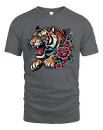 Tiger Bloom Art T Shirt Gothic Floral Power - gray t-shirt on white background