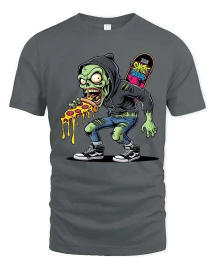 Skate Zombie Pizza T Shirt Funny Street Art Graphic - gray t-shirt on white background