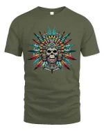 Feathered Skull Graphic Tee Boho Tribal Style - military green t-shirt on white background