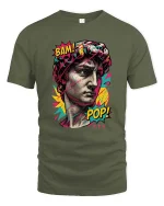 Pop Art David Statue T Shirt Bam Pop Graphic Style - military green t-shirt on white background