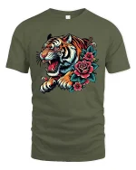 Tiger Bloom Art T Shirt Gothic Floral Power - military green t-shirt on white background