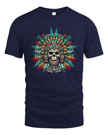 Feathered Skull Graphic Tee Boho Tribal Style - navy t-shirt on white background