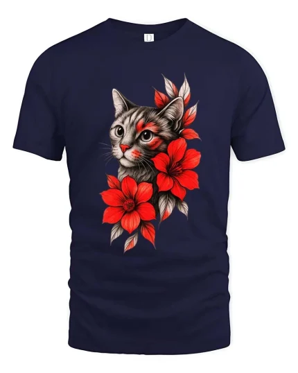 Cute Cat with Flowers T Shirt Artistic Pet Design - navy t-shirt on white background