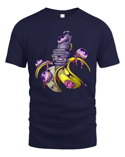 Mutant Banana T Shirt Creepy Cartoon Graphic - navy t-shirt on white background