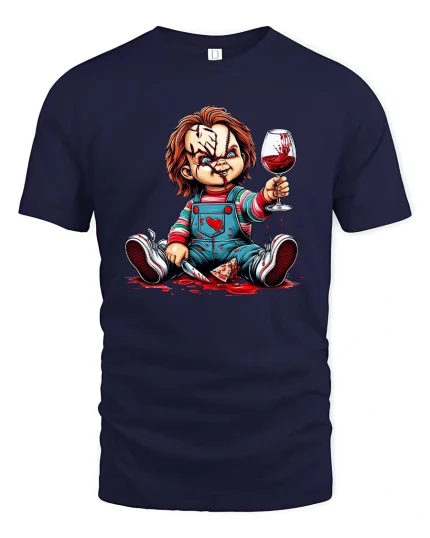 Creepy Killer Doll T Shirt Dark Horror Graphic - navy t-shirt on white background