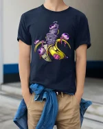 Mutant Banana T Shirt Creepy Cartoon Graphic - model wearing navy tee with hands in pockets