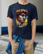 Pop Art David Statue T Shirt Bam Pop Graphic Style - model wearing navy tee with hands in pockets