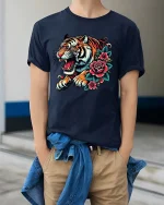 Tiger Bloom Art T Shirt Gothic Floral Power - model wearing navy tee with hands in pockets