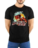 Adrenaline Vapors Devil T Shirt Retro Racing Graphic - model wearing black tee with hands behind back