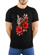 Cute Cat with Flowers T Shirt Artistic Pet Design - model wearing black tee with hands behind back